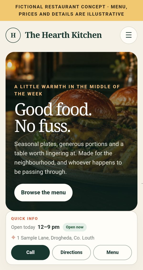 Screenshot of The Hearth Kitchen demo website on a phone